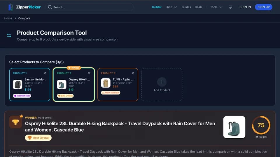 ZipperPicker comparison dashboard